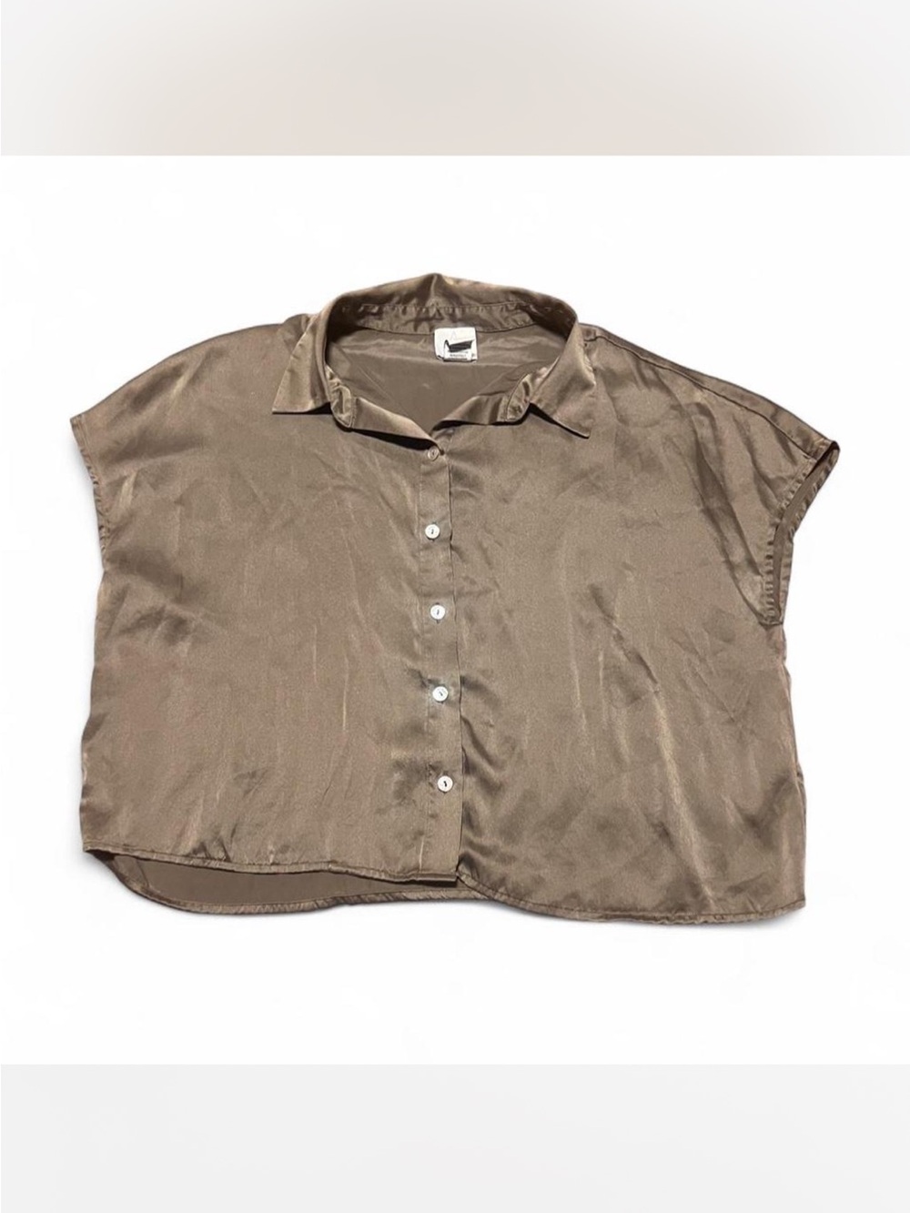 Joie Olive Green 100% Washable Silk Satin Short Sleeve Button Up Blouse M